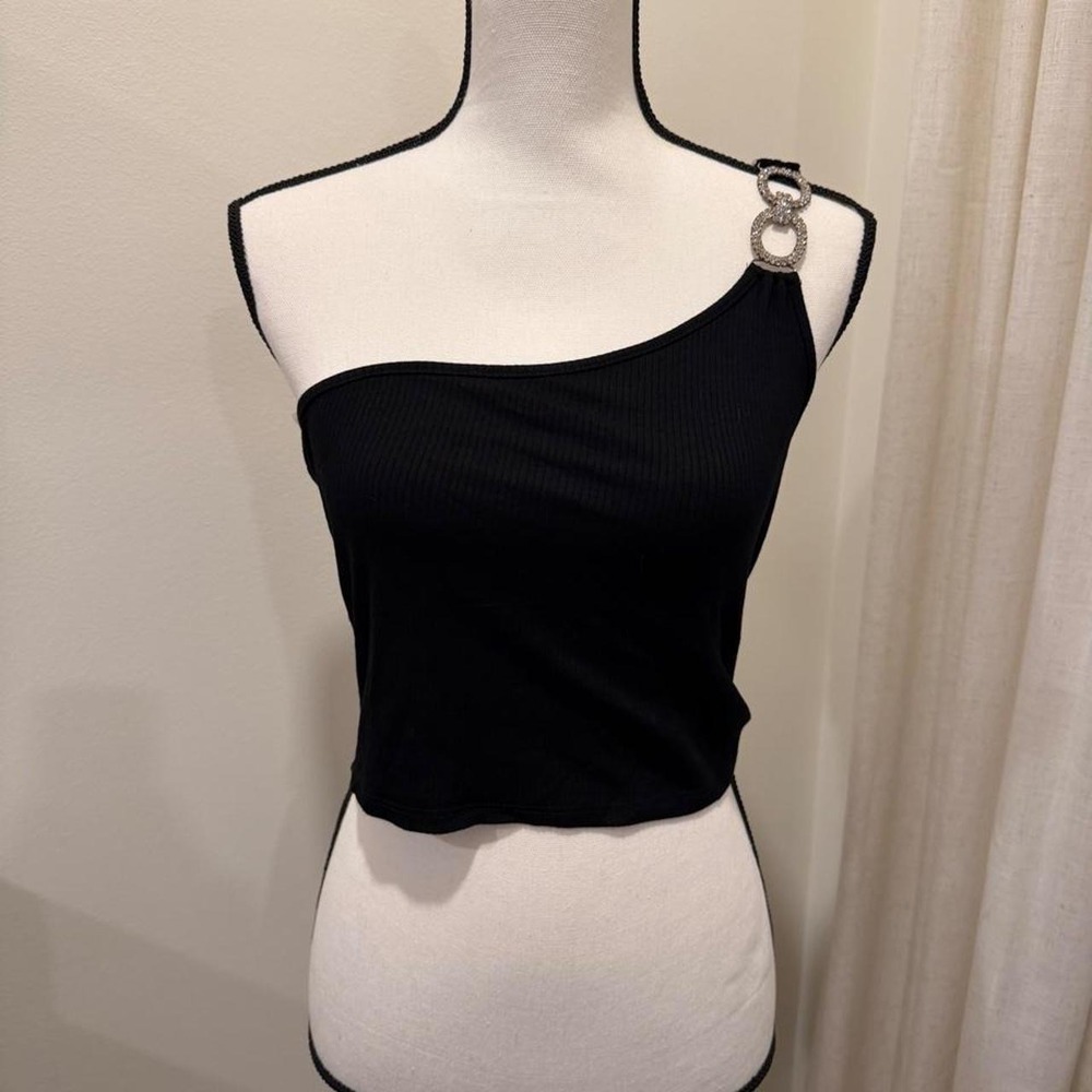 Toska Black Ribbed One Shoulder Crop Top Rhinestone Ring Detail TT0085 Large